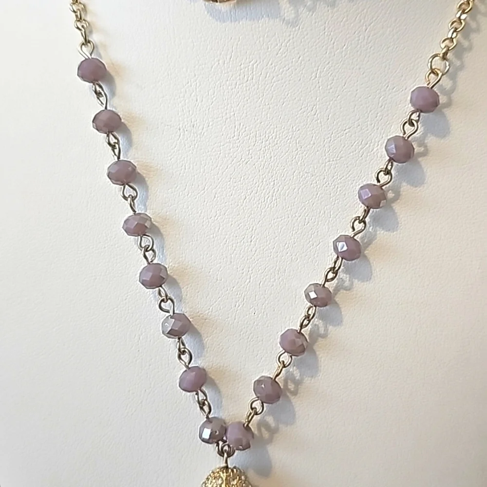 Vintage Purple AB Crystal Tassel and Pave Focal Oblong Bead Necklace 32 Inch
